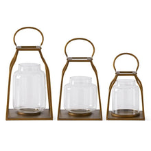 Load image into Gallery viewer, Gold Metal Trapezoid Lantern w/Glass Hurricane, 3 size options