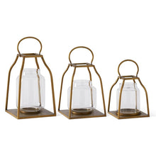 Load image into Gallery viewer, Gold Metal Trapezoid Lantern w/Glass Hurricane, 3 size options