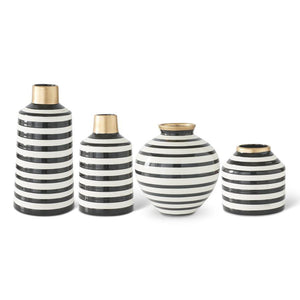 BLACK & WHITE STRIPED CERAMIC VASES W/GOLD TRIM