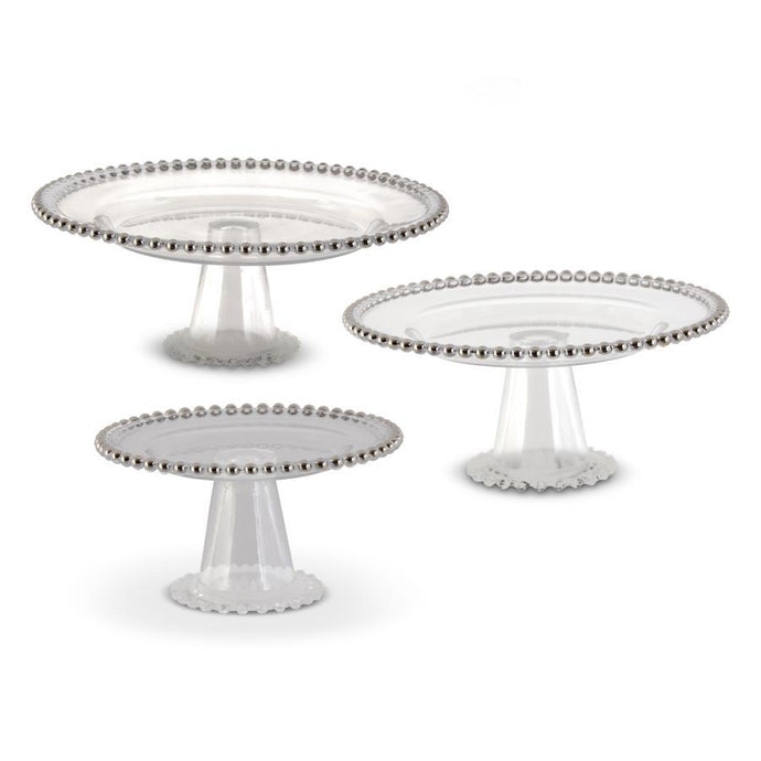 CLEAR GLASS CAKE STANDS/RISERS W/SILVER GLASS BEAD TRIM