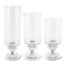 Load image into Gallery viewer, GLASS VASES/CANDLEHOLDER W/RIBBED SILVER BASE