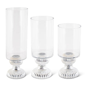 GLASS VASES/CANDLEHOLDER W/RIBBED SILVER BASE