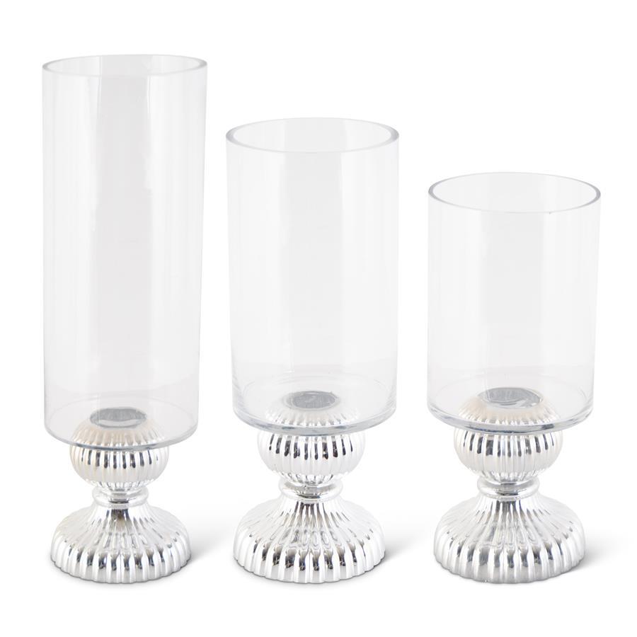 GLASS VASES/CANDLEHOLDER W/RIBBED SILVER BASE