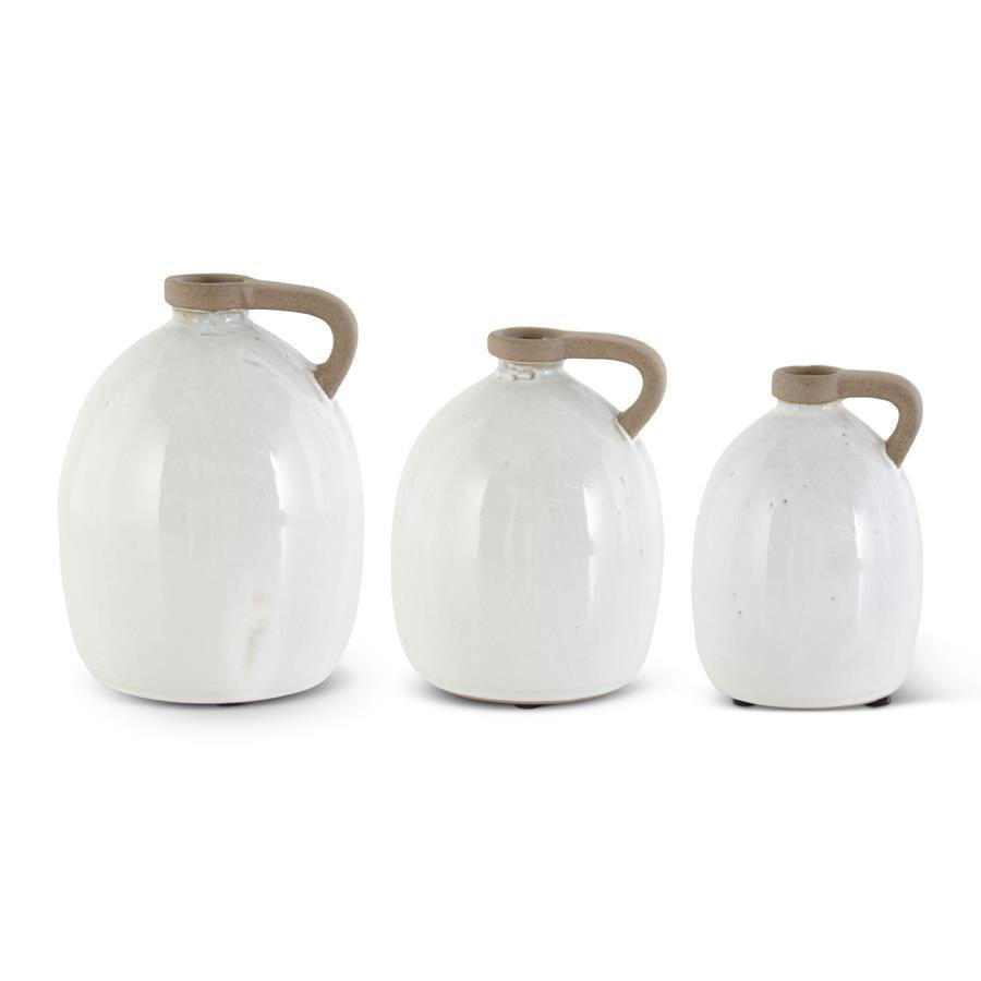 WHITE CERAMIC JUGS W/UNGLAZED HANDLES