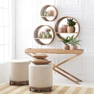 ROUND TAN PUNCHED METAL MIRRORED WALL SHELF