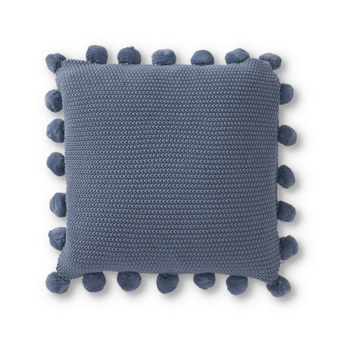 LIGHT BLUE MOSS STITCH KNIT PILLOW W/POMPOM TRIM