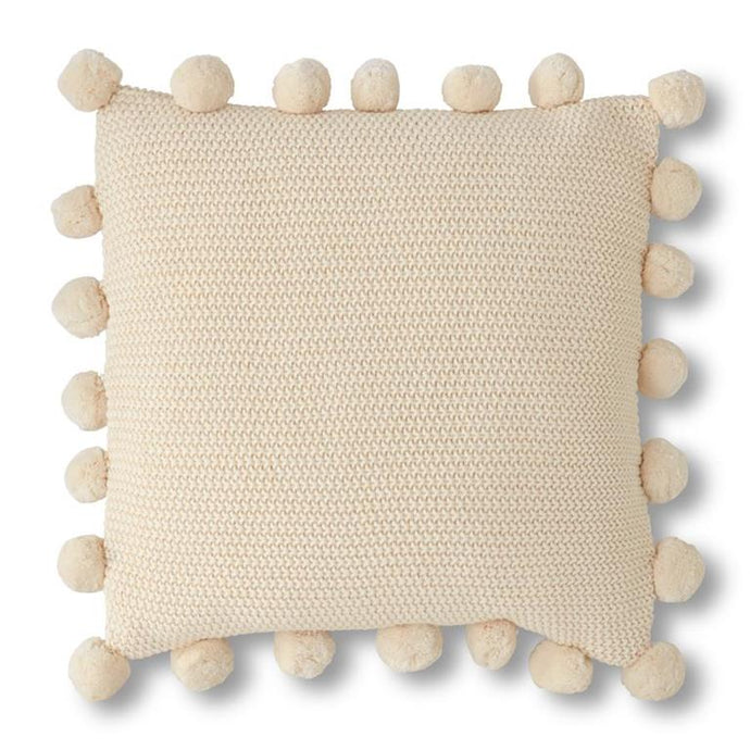 20 Inch Cream Moss Stitch Knit Pillow w/Pompom Trim