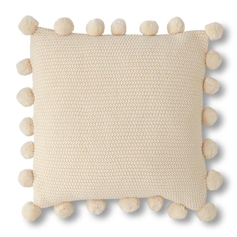 20 Inch Cream Moss Stitch Knit Pillow w/Pompom Trim