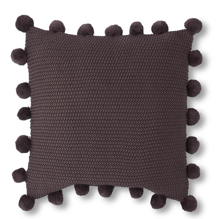 DARK GRAY MOSS STITCH KNIT PILLOW W/POMPOM TRIM