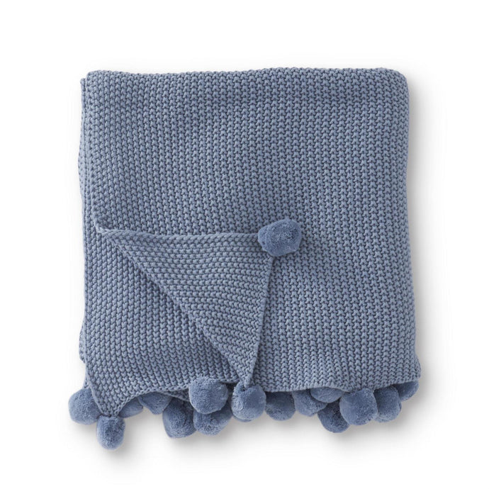 LIGHT BLUE STITCH KNIT THROW W/POMPOM TRIM