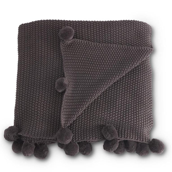 DARK GRAY MOSS STITCH KNIT THROW BLANKET W/POMPOM TRIM