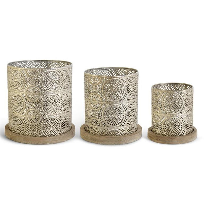 CHAMPAGNE PUNCHED METAL NESTING BASKETS W/WOOD BASE