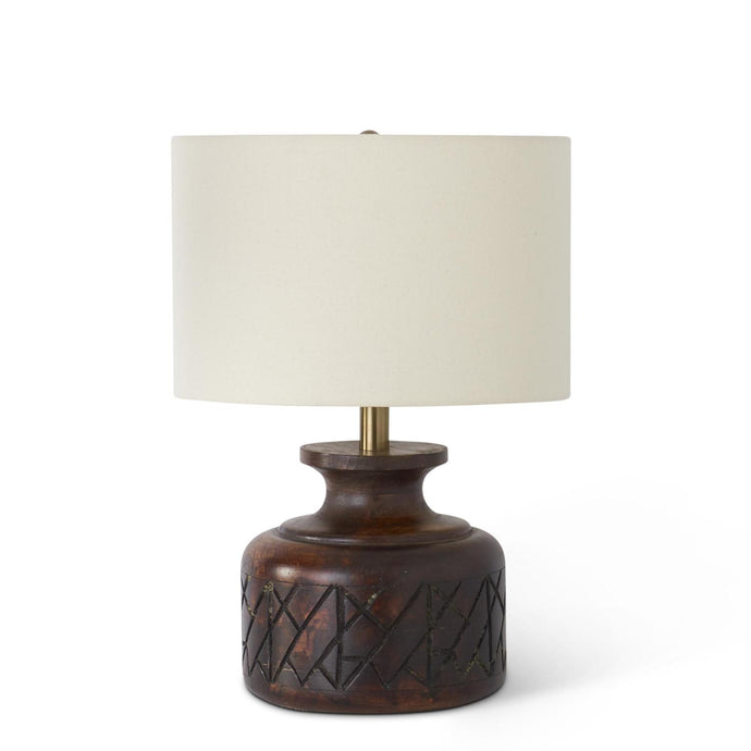 CARVED DARK MANGO WOOD LAMP W/WHITE SHADE