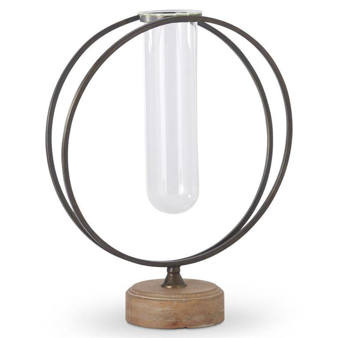 GLASS TEST TUBE VASE IN ROUND METAL FRAME W/WOOD BASE