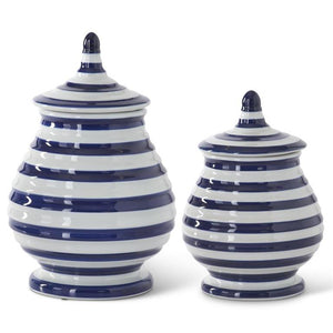 BLUE & WHITE STRIPED LIDDED PORCELAIN CONTAINER