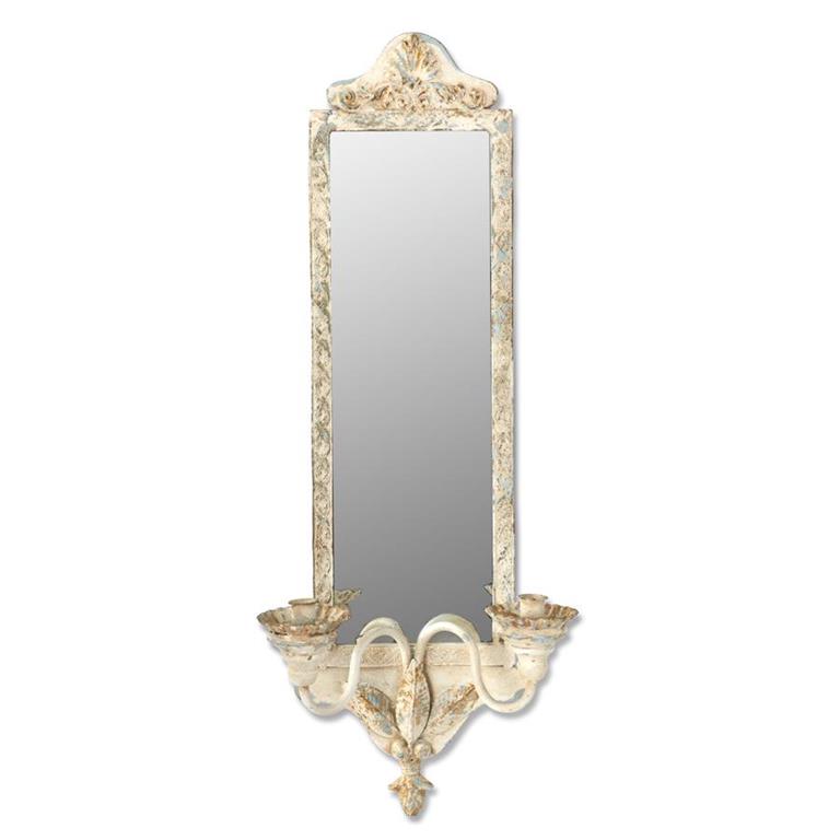 WHITEWASHED METAL FRAMED WALL MIRROR W/2 TAPER CANDLEHOLDER