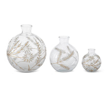 Load image into Gallery viewer, ROUND ETCHED WHITE &amp; GOLD PAINTED FLORAL GLASS VASE
