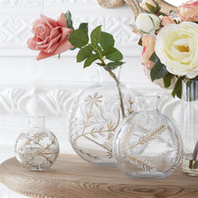 Load image into Gallery viewer, ROUND ETCHED WHITE &amp; GOLD PAINTED FLORAL GLASS VASE