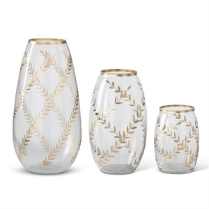 GOLD GILDED LEAF ETCHED CLEAR GLASS VASE