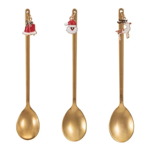 Stainless Steel Spoon w/ Holiday Charm, Gold Finish, 3 Styles