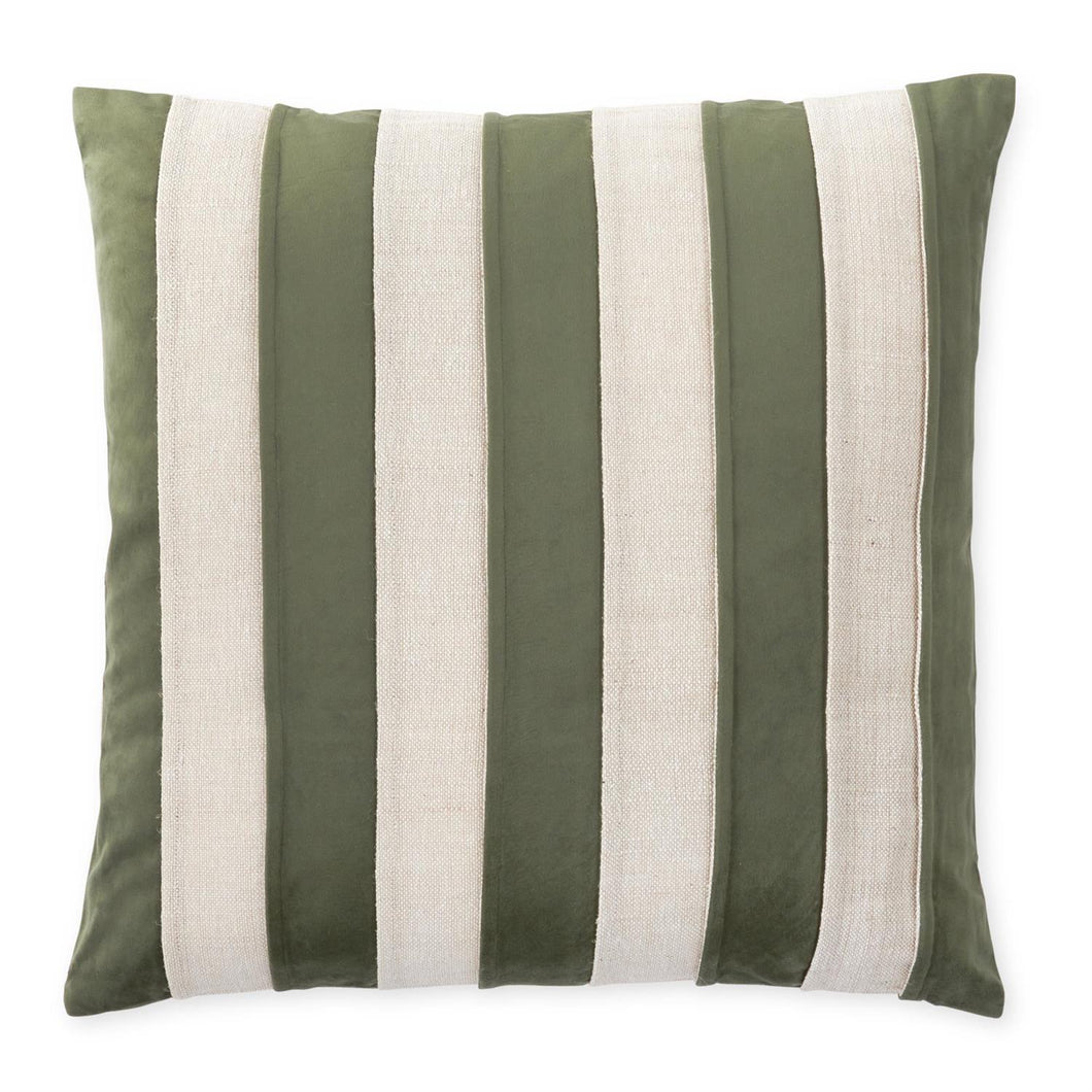 20 Inch Green Velvet & Natural Cotton Striped Square Pillow