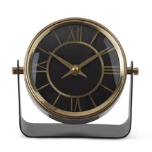 Load image into Gallery viewer, 5.75 Inch Antique Brass Round Clock on Matte Black Stand