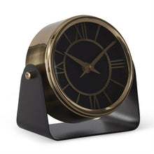 Load image into Gallery viewer, 5.75 Inch Antique Brass Round Clock on Matte Black Stand