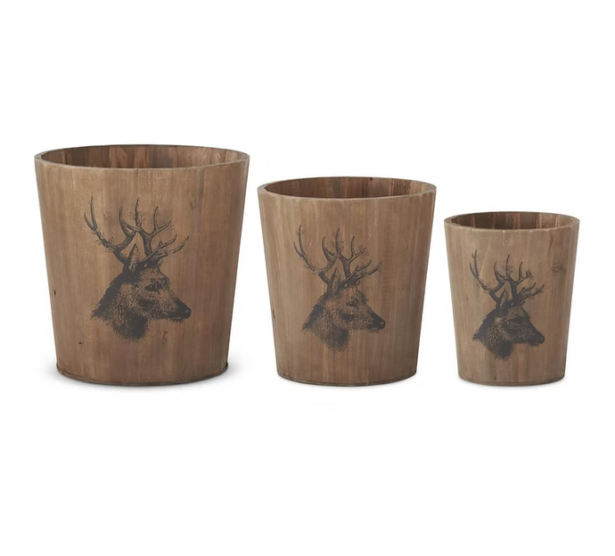 Nesting Wood Pot w/Deer Bust Print, 3 size options