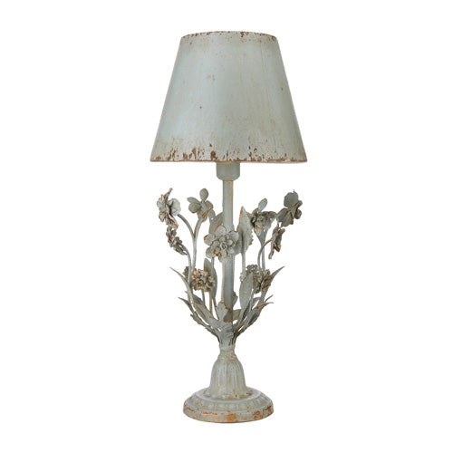 BLUE DISTRESSED FLORAL LAMP WITH METAL SHADE