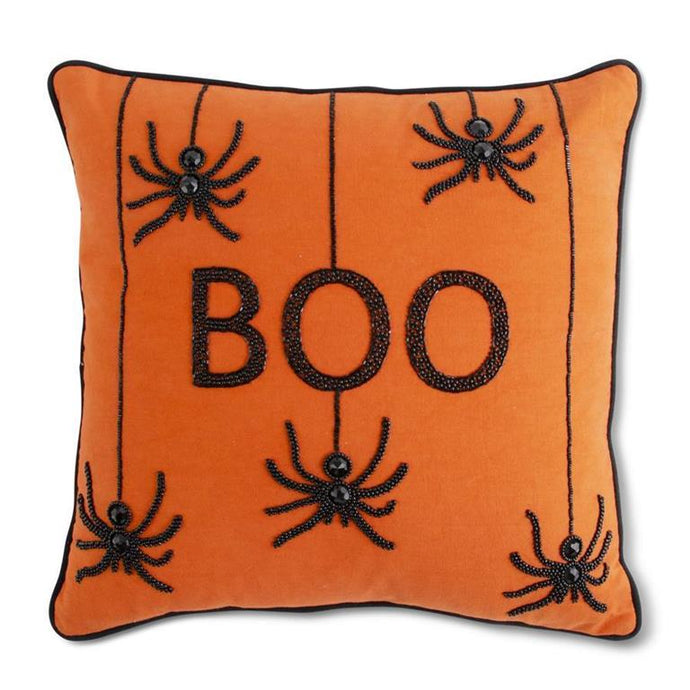 ORANGE SQUARE BEADED BOO PILLOW W/SPIDERS