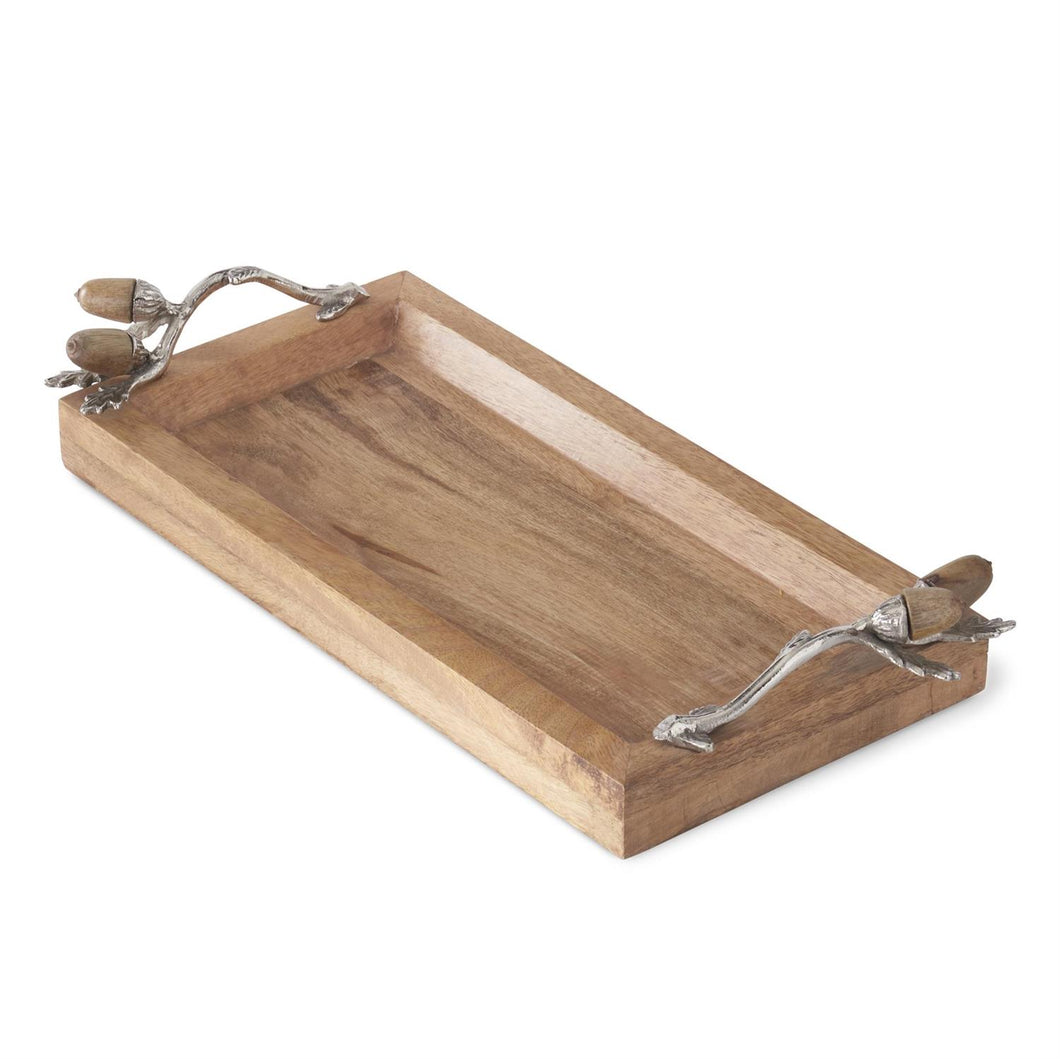 16 Inch Rectangular Wood Tray w/Silver Metal Handles & Acorns