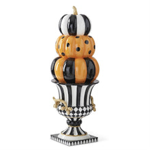 Load image into Gallery viewer, 27 Inch Orange Black &amp; White Resin 3 Stack Pumpkins on Urn w/Gold Ha