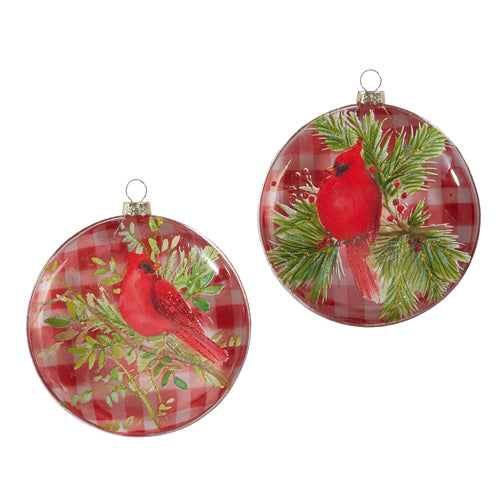 GINGHAM CARDINAL ON BRANCH DISC ORNAMENT