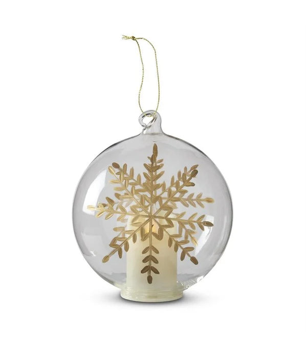 4.75 Inch LED Clear Glass Gold Gilded Etched Snowflake Ornament