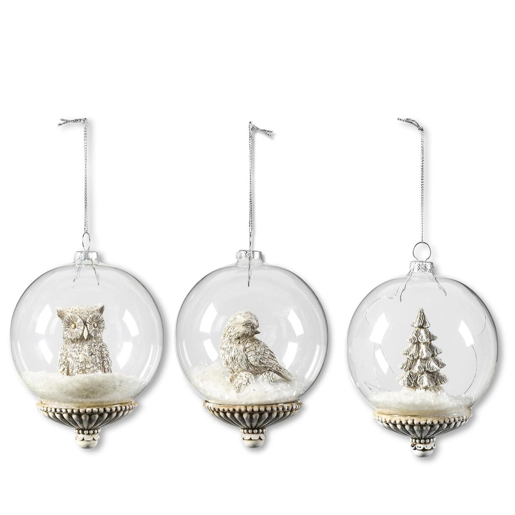 4 Inch Round Glass Ornaments w/Resin Woodland Animals, 3 style options