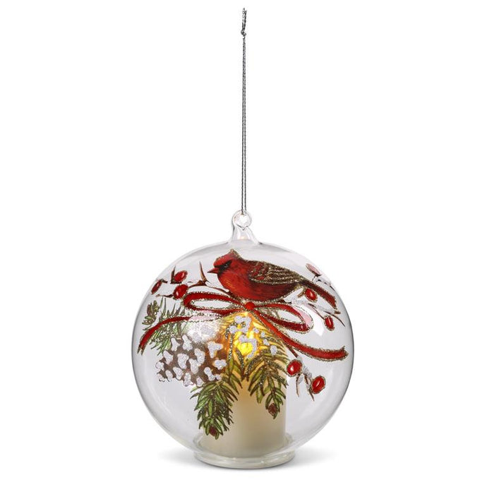 3.5 Inch LED Clear Glass Cardinal & Pinecone Ornament w/Timer