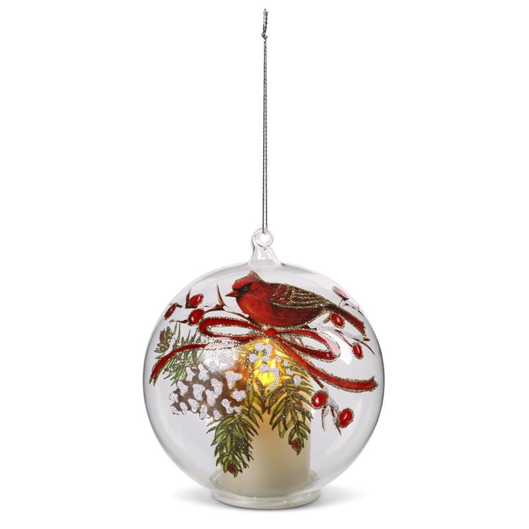 3.5 Inch LED Clear Glass Cardinal & Pinecone Ornament w/Timer