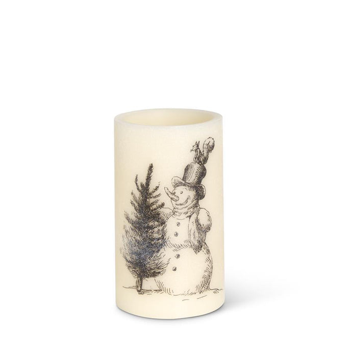 8 Inch Led Vintage Snowman Wax Pillar Candle, White