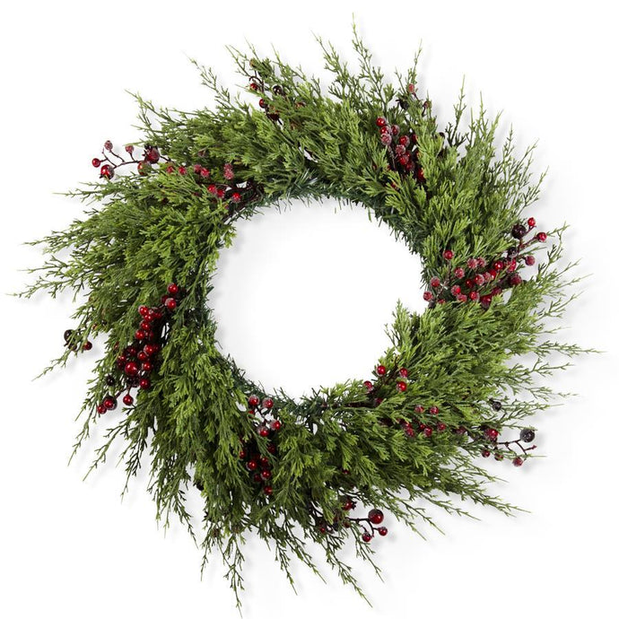30 Inch Cypress Pine w/Dark Red Iced Berry Wreath