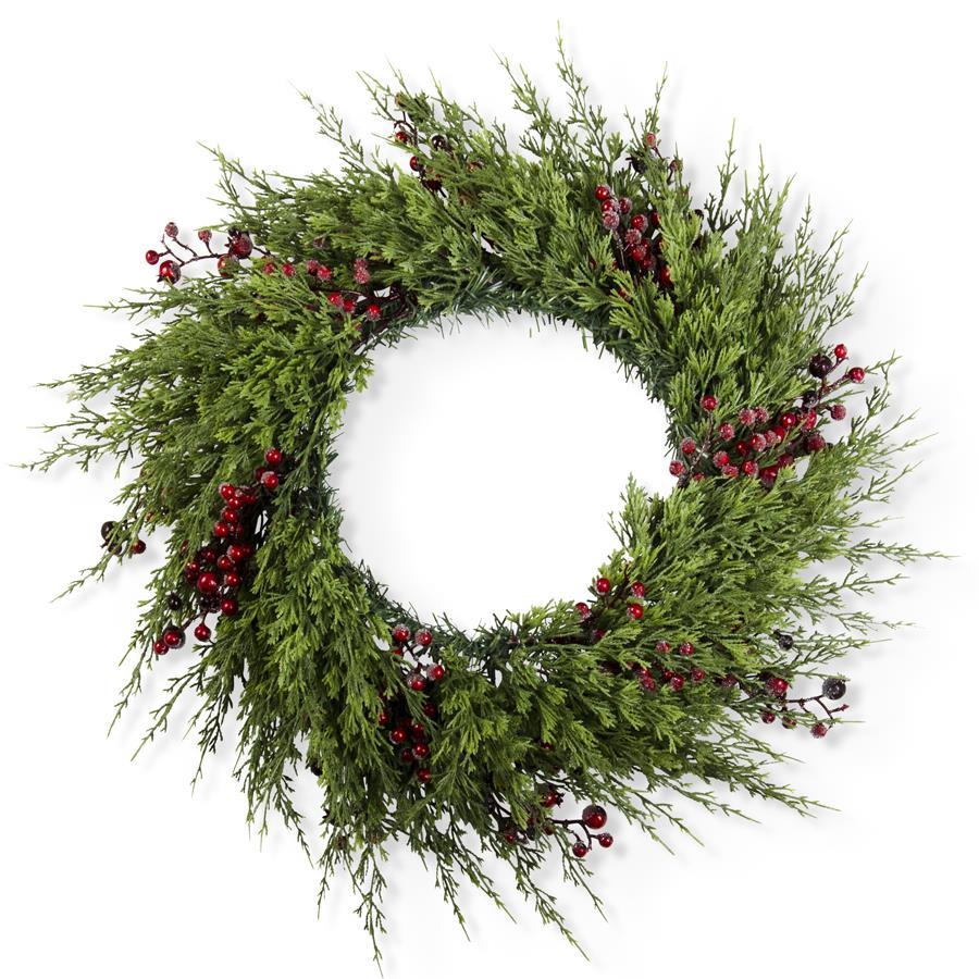 30 Inch Cypress Pine w/Dark Red Iced Berry Wreath
