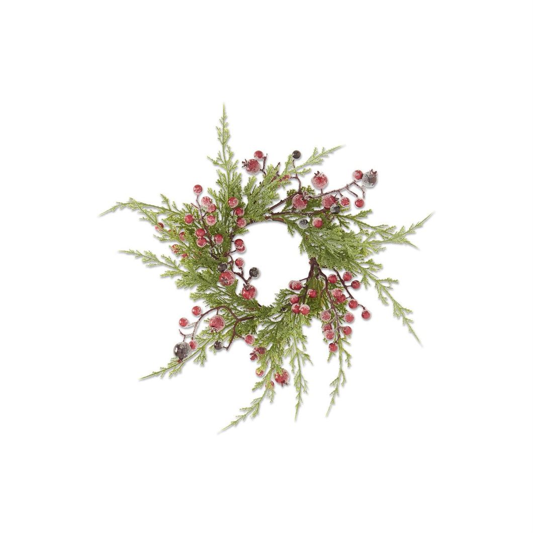 16 Inch Cypress Pine w/Dark Red Iced Berry Candle ring