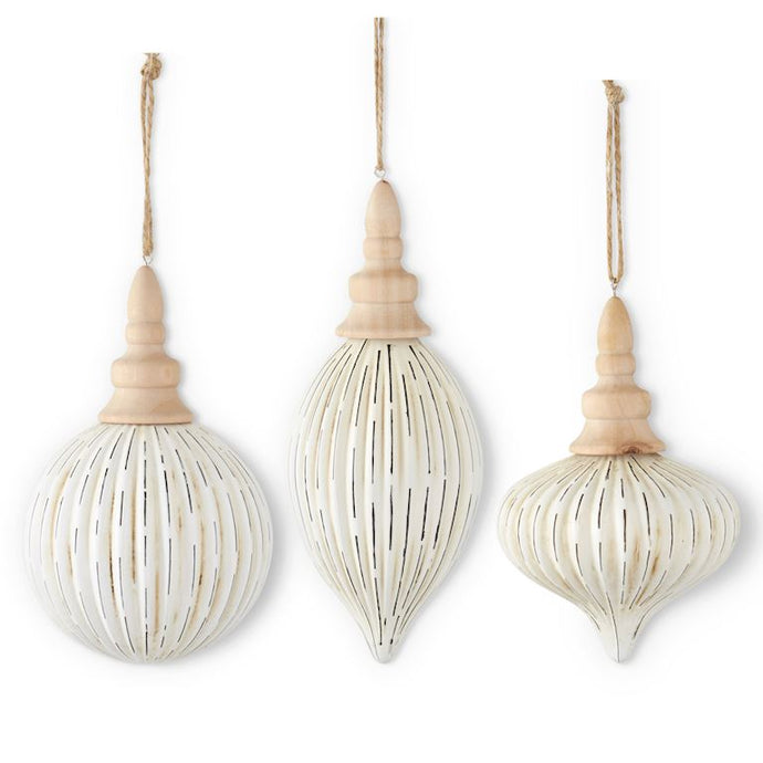 White Distressed Finish Glass Ornament w/Wood Top, 3 style options