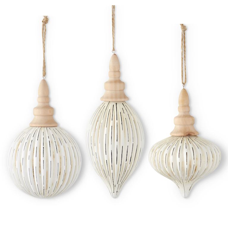 White Distressed Finish Glass Ornament w/Wood Top, 3 style options