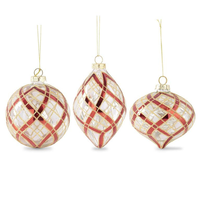 Clear Glass Ornament w/Glittered Red & Gold Plaid, 3 style options