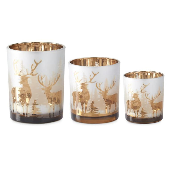 Frosted Glass w/Rose Gold Interior Deer Winter Scene Votiv, 3 size options