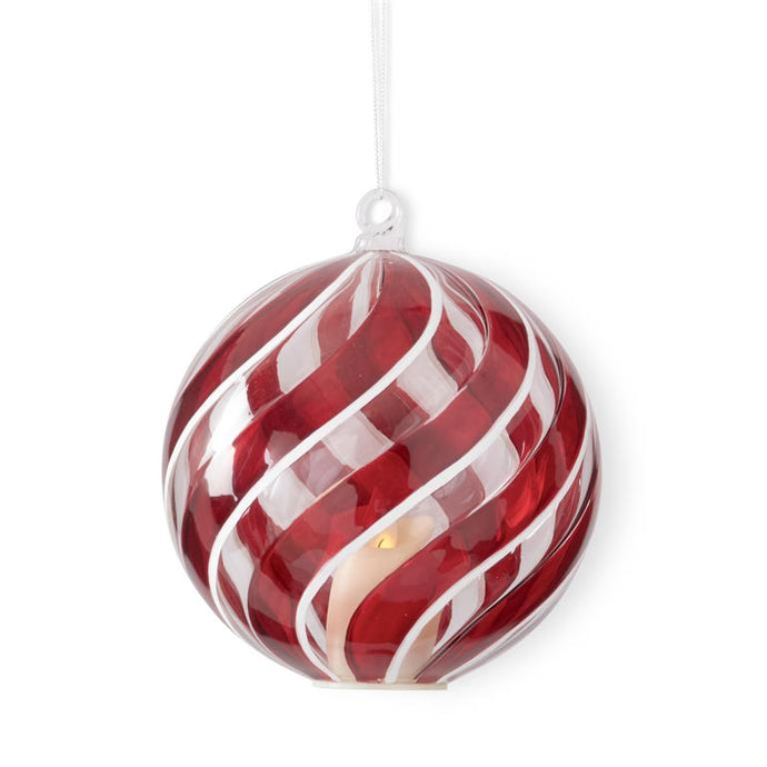7.5 Inch Red White & Clear Glass Swirl LED Ornament