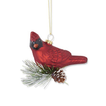 Load image into Gallery viewer, 3.5 Inch Red Glittered Blown Glass Cardinal Ornament w/Pine