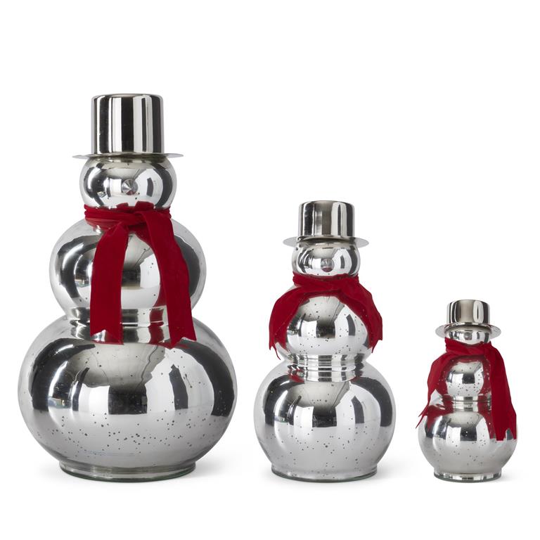 Silver Mercury Glass Snowman w/Red Scarf & Top Hat, 3 size options