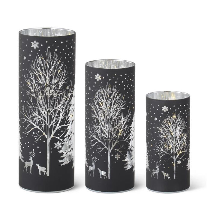 Black Laser Engraved Winter Scene LED Cylinder, 3 size options