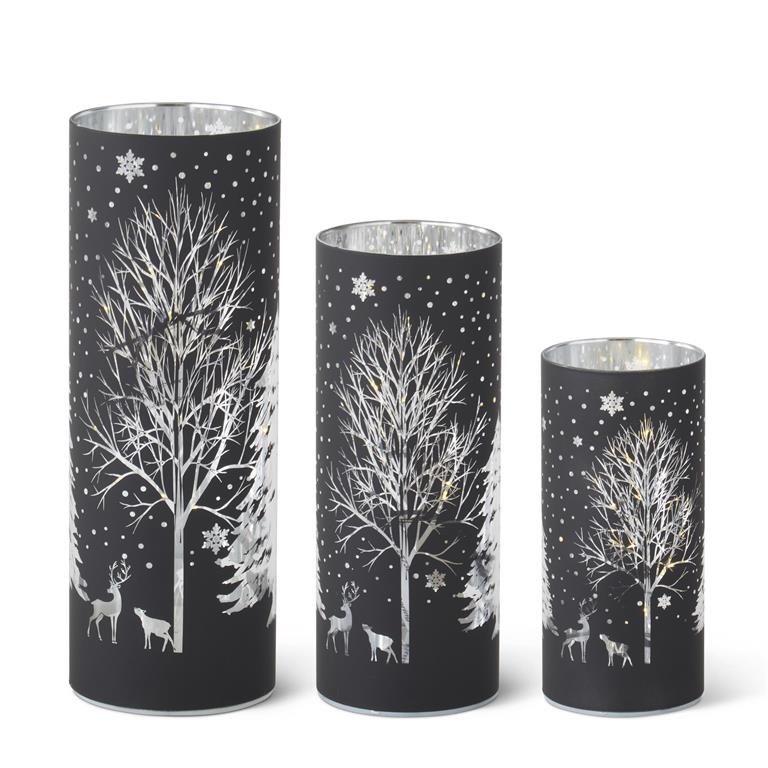 Black Laser Engraved Winter Scene LED Cylinder, 3 size options